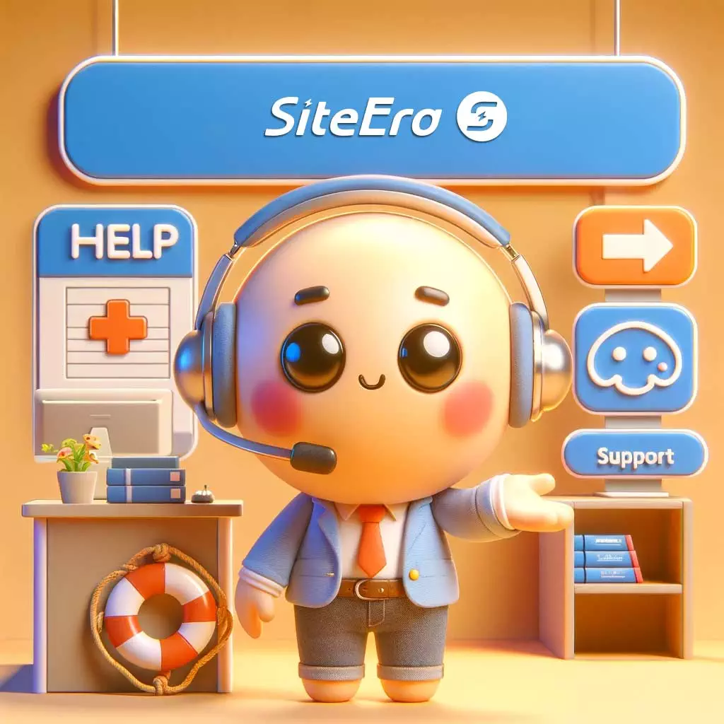 A cartoon character with headphones is standing next to a sign that says siteero.