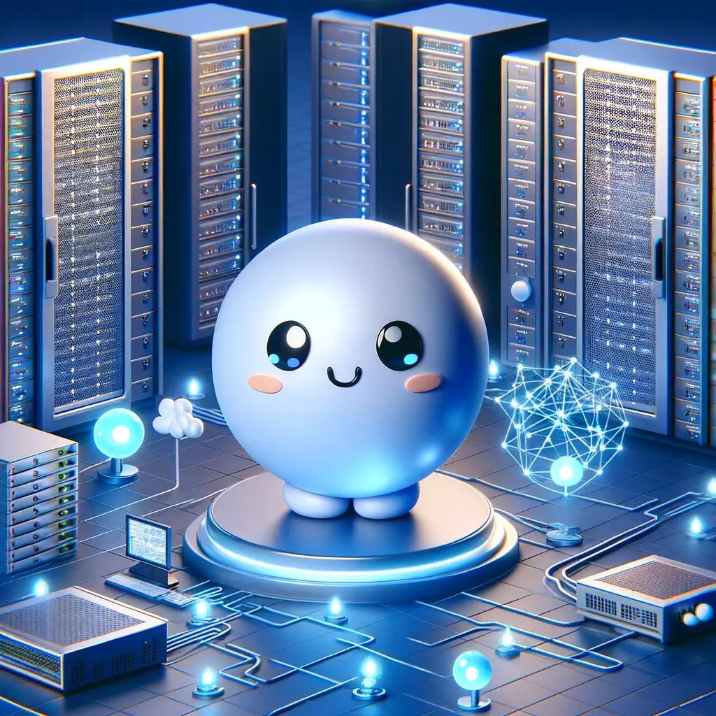 A cartoon sphere in front of a network of servers.