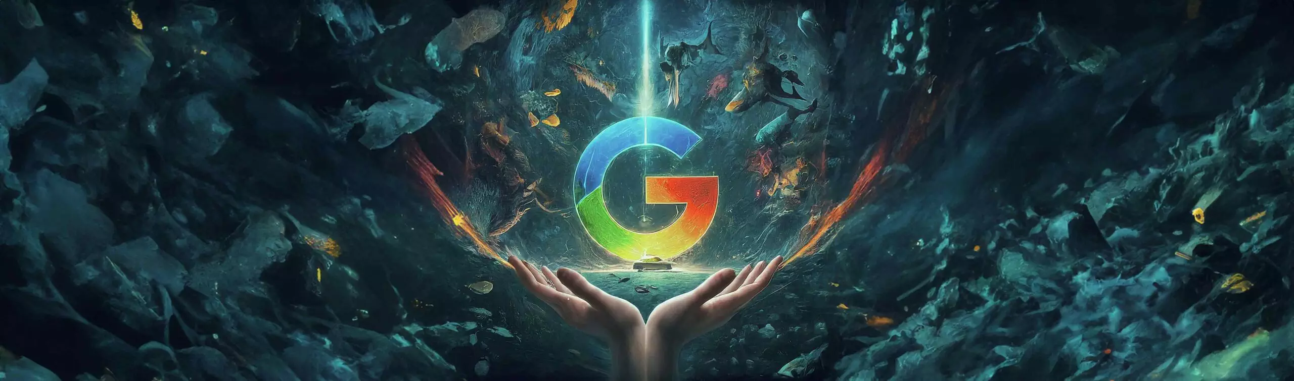Hands presenting the Google logo amidst a dynamic and colorful digital backdrop featuring the March 2024 Core Update.